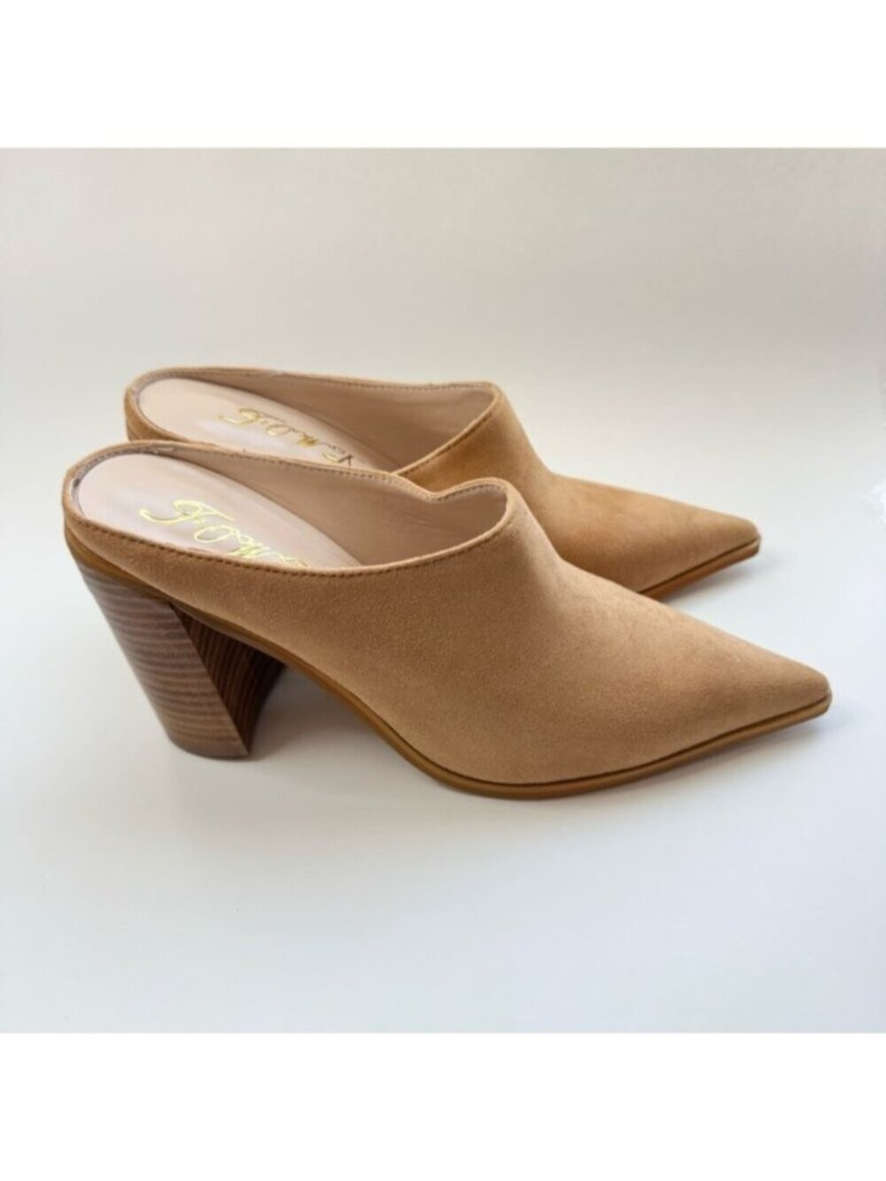 Size 6.5 Mules Pointed Toe Slip on Shoes, block high heel, camel FOWT